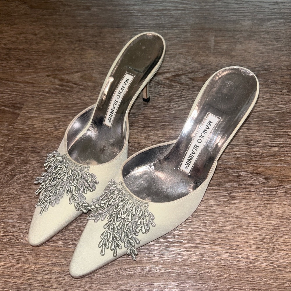Manolo Blahnik Cream Heels with Silver Details